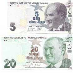 Turcia lot 5 & 20 lire, 2009-13, UNC