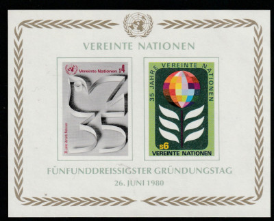 Natiunile Unite Vienna-1980-Aniv.35 ani,UNO,dantelat,bloc de 2,MNH,Mi.Bl.1 foto