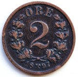 Norvegia 2 ORE 1897 moneda din bronz km # 353 tiraj mic regele OSCAR II