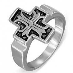 Inel din oțel, cruce latină patinată cu floare de crin - Marime inel: 67