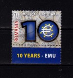 ✅RO 2009 LP 1825 &quot;10 ani moneda EURO&quot; , serie+ dif. tabs ( sus sau jos !) ,MNH