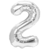 Balon din folie metalizata, flippy, figurina cifra, tema aniversare 40 cm, ambalaj individual, pai inclus, umflare cu aer sau heliu, argintiu, cifra 2