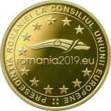 2019.01.07 &quot;PEȘEDENȚIA ROM&Acirc;NIEI LA CONSILIUL UNIUNII EUROPENE&quot;, MAXIM 250 de SETURI A 3 MONEDE FIECARE(100 LEI AUR /10 LEI ARGINT și/1 LEU TOMBAC)