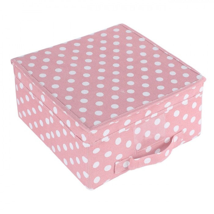 Cutie Depozitare Textilă, Roz cu Buline Albe, Dimensiuni 30x30x16cm, Cu Capac