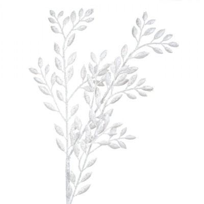 Ramură Decorativă Crăciun, Frunze Albe cu Glitter, 55cm foto