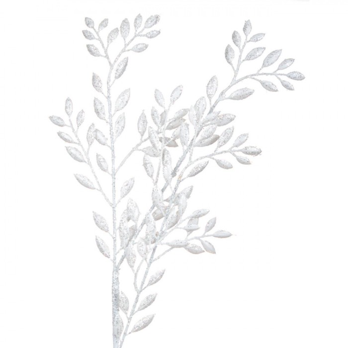Ramură Decorativă Crăciun, Frunze Albe cu Glitter, 55cm