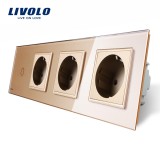 Intrerupator simplu cu touch si priza tripla Livolo din sticla, auriu