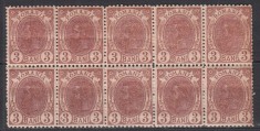 ROMANIA 1900/1906 LP 54 d REGELE CAROL I SPIC DE GRAU FARA FILIGRAN 3 BANI BRUN ROSCAT BLOC DE 10 TIMBRE IMPRESIUNE DEFECTUOASA STARE MNH/SARNIERA