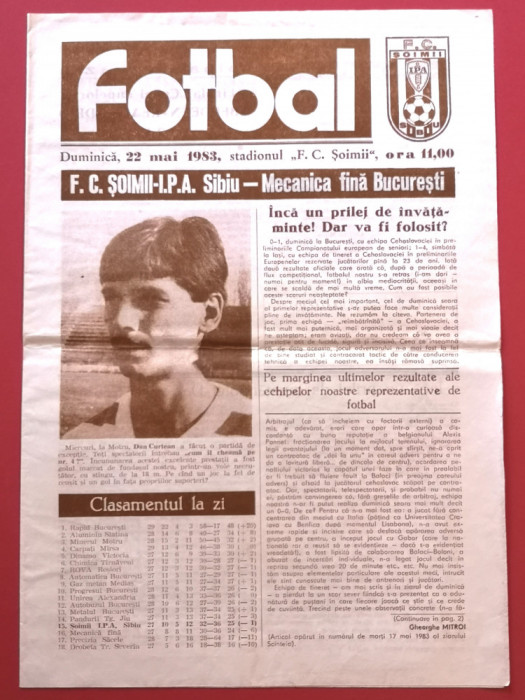 Program meci fotbal FC &quot;SOIMII&quot; IPA SIBIU - MECANICA FINA BUCURESTI(22.05.1983)