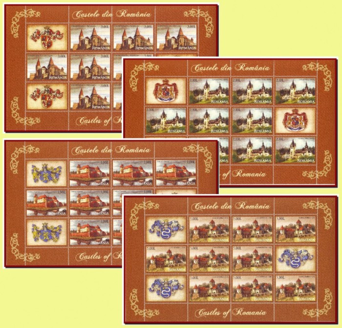 2008 Castele din Romania 4 coli de 9 marci + 3 viniete diferite LP 1810 e, MNH