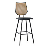 Scaun de bar Camilla plastic ratan culoare lemn natural - piele ecologica negru - metal negru 47.5x58x117cm