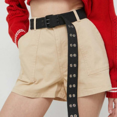 Tommy Jeans pantaloni scurti femei, culoarea bej, neted, high waist