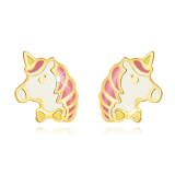Cercei din aur galben 585 &ndash; unicorn colorat roz-alb, știfturi