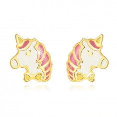 Cercei din aur galben 375 – unicorn colorat roz-alb, știfturi
