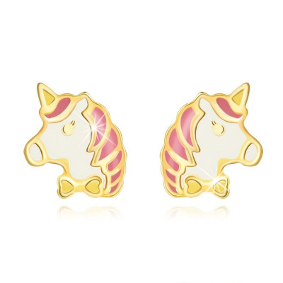 Cercei din aur galben 585 &amp;ndash; unicorn colorat roz-alb, știfturi foto