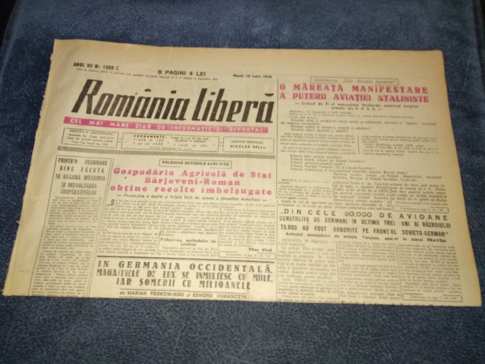 ZIARUL ROMANIA LIBERA 19 IULIE 1949