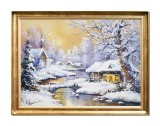 Tablou peisaj de iarna pictat manual inramat, Sat sub zapada, 80x60cm ulei pe panza, Mircea Iordache