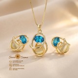 Set Safir Albastru , cercei, pandantiv E i lant placate cu aur 14K