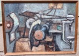 Tablou vechi - masinaria timpului - semnat si datat Neagu P. 1973