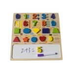 Puzzle incastru cu numere, forme si mini tablita de scris si marker, lemn, 30x30 cm