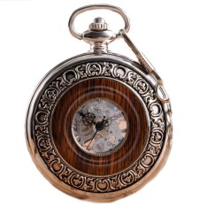 Ceas de buzunar Gorben Lant metalic Insertie din lemn Skeleton Vintage Mecanic Maro Argintiu
