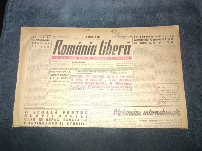 ZIARUL ROMANIA LIBERA 8 IANUARIE 1949