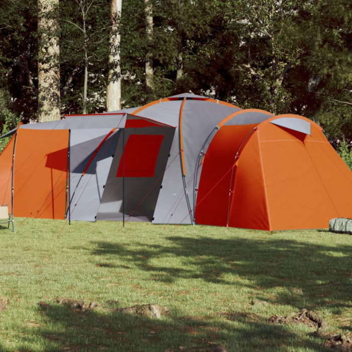 Cort camping 12 persoane, gri/oranj, tesatura opaca impermeabil GartenMobel Dekor
