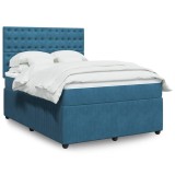 VidaXL Pat box spring cu saltea, albastru &icirc;nchis, 140x190 cm, catifea