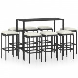 Set mobilier bar de grădină cu perne, 9 piese, negru, poliratan, vidaXL