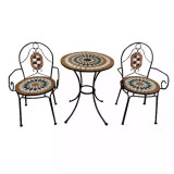 Set masa rotunda, cu 2 scaune, pentru gradina din metal cu mozaic-INV8026358