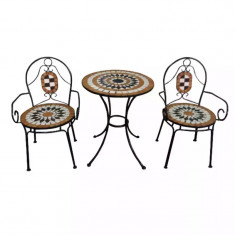 Set masa rotunda, cu 2 scaune, pentru gradina din metal cu mozaic-INV8026358
