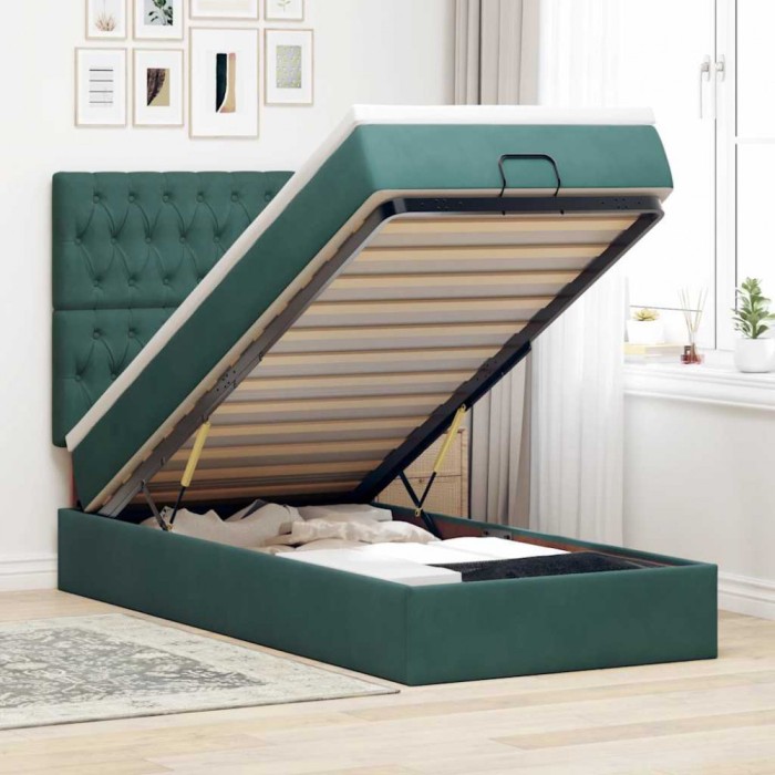 vidaXL Cadru de pat otoman cu saltele, catifea verde &icirc;nchis 90x200cm 3314369