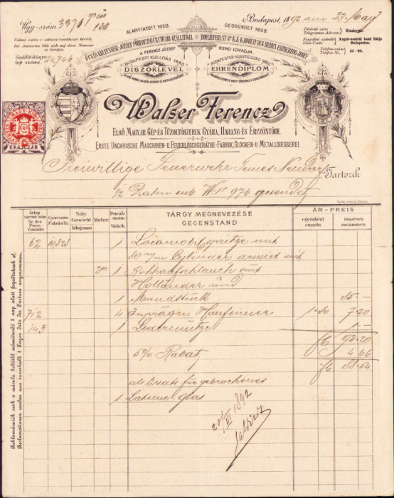 HST A440 Factură 1892 formațiunea de pompieri voluntari Neudorf jud Arad