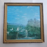 Tablou cu rama de lemn, poza castel munti, 42x42 cm. latime rama 3.5 cm, Natura statica, Acuarela, Altul