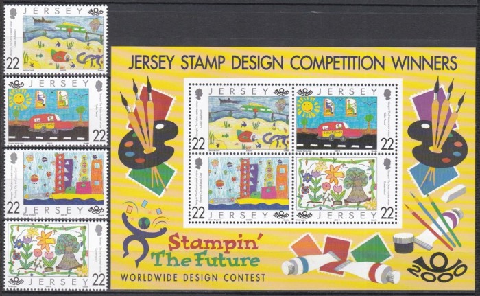 Jersey 2000 - C&acirc;știgătorii concursului de design de timbre din Jersey - Stampin&#039; the Future, Serie + Colita, MNH