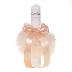 Lumanare botez personalizata, decor crem / ivoire cu tul si dantela, Denikos&reg;