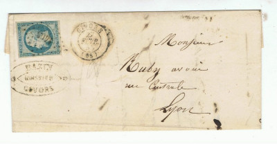 France 1855 Postal History Rare Cover + Content GIVORS RHONE to LYON D.722 foto