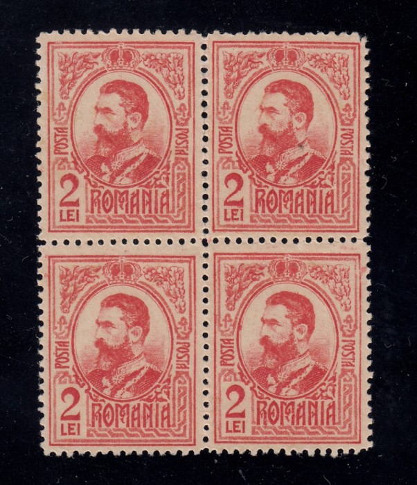 ROMANIA 1908 EMISIUNEA CAROL GRAVATE 2 LEI BL 4 MNH