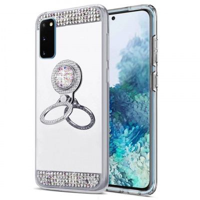 Husa silicon oglinda , inel si pietricele Samsung Galaxy S20 , Argintiu foto