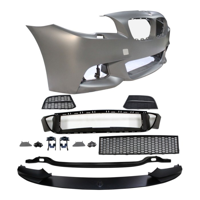 Set bara fata BMW Seria 5 (F10/F11), 2013-08.2017, cu gauri spalator; grunduit, de vopsit; type M-Performance; cu grile inferioare, cu spoiler; fara