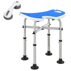 HOMCOM Taburet de Duș Reglabil pe &Icirc;nălțime cu M&acirc;ner cu Ventuză și Picioare Antiderapante, 48,5x33x39-51,5 cm, Albastru | Aosom Romania