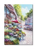 Cumpara ieftin Tablou pictat manual living, Peisaj citadin, pe alee cu flori, 100x70cm ulei pe panza in cutit efect 3D, Valentin Pop