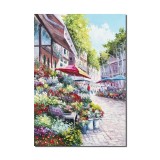 Tablou peisaj citadin pictat manual, Alee cu flori, 100x70cm ulei pe panza, Valentin Pop