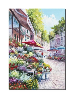 Tablou peisaj citadin pictat manual, Alee cu flori, 100x70cm ulei pe panza, Valentin Pop foto