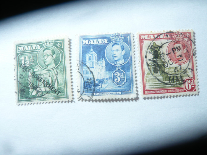 3 Timbre Malta Rege George VI , motive locale : 6p 1938 ,3p1943 si 1 1/2p 1953 s