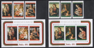 Burundi 1971 - Crăciun - &amp;quot;Fecioara și Pruncul&amp;quot; - Picturi de Leonardo da Vinci, Lippi, Del Sarto, s.a., 2 Serii + 2 Colițe, SET COMPLET, MNH foto