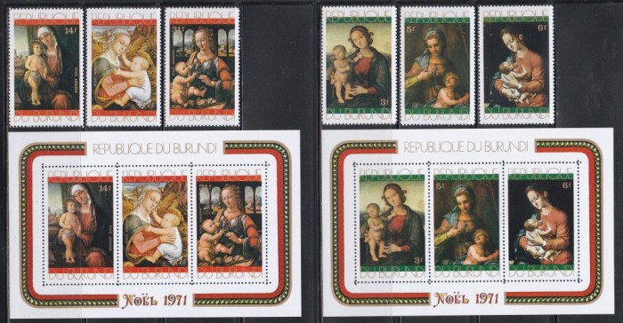 Burundi 1971 - Crăciun - &quot;Fecioara și Pruncul&quot; - Picturi de Leonardo da Vinci, Lippi, Del Sarto, s.a., 2 Serii + 2 Colițe, SET COMPLET, MNH