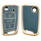 Husa Cheie Auto pentru VW / Skoda / Seat - 3 Butoane, kwmobile, Silicon, Albastru / Gold, 56006.03