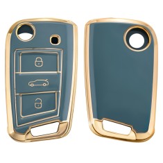 Husa Cheie Auto pentru VW / Skoda / Seat - 3 Butoane, kwmobile, Silicon, Albastru / Gold, 56006.03