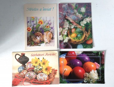 Lot 4 felicitari vechi, anii 90, de Pasti, Romania, scrise foto